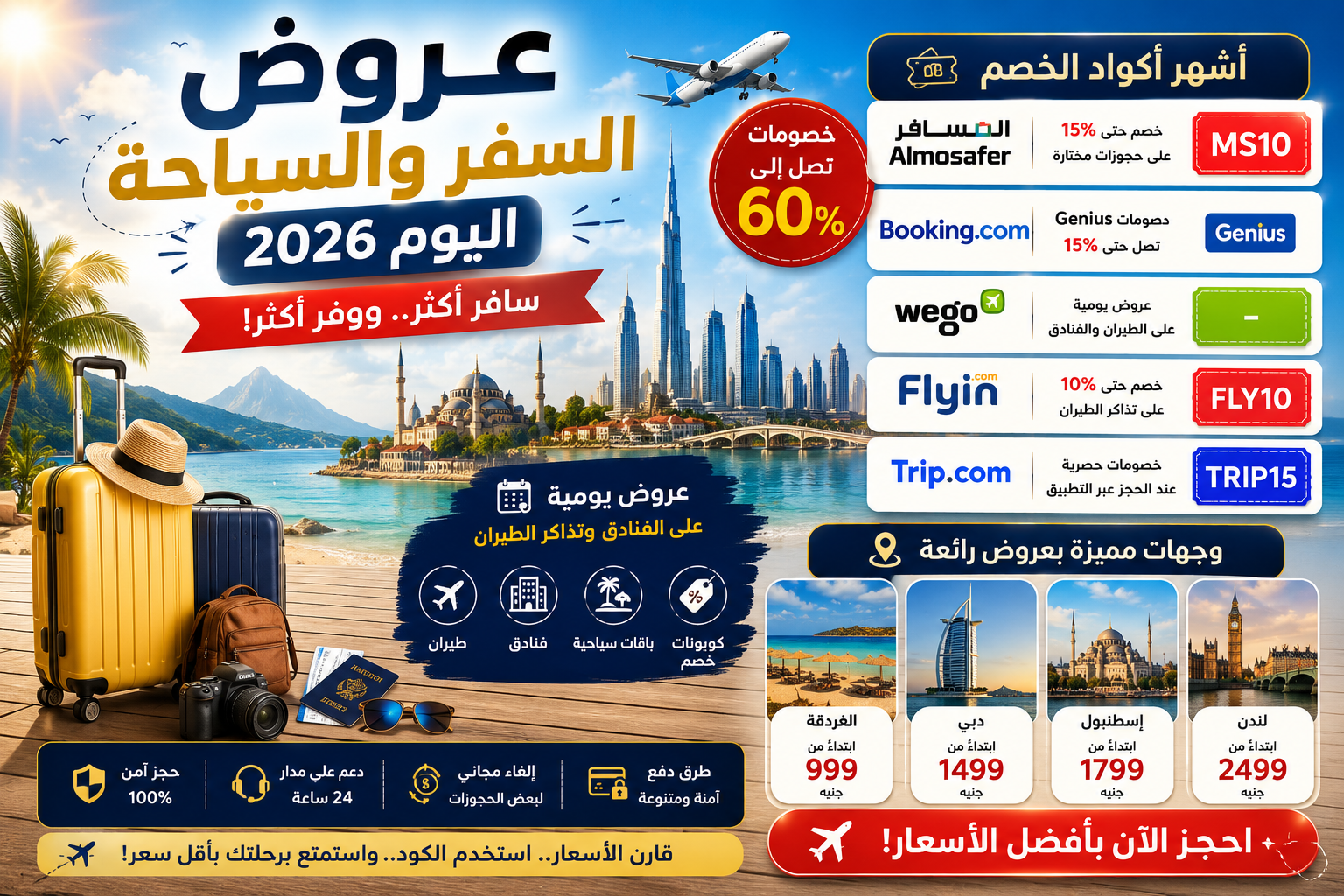 عروض السفر والسياحة اليوم 2026.. أحدث خصومات الفنادق وتذاكر الطيران وكوبونات الحجز
